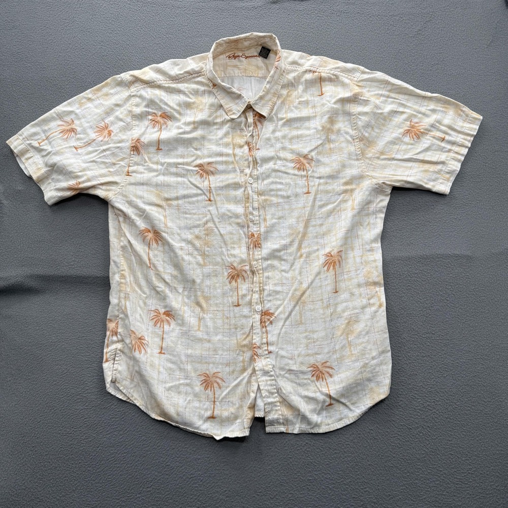 Reyn Spooner Shirt Mens XL Beige Palm Hawaiian Tropical Short Sleeve Button Up